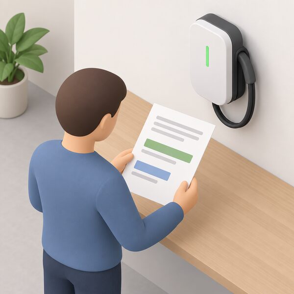 A printed warranty document lying on a table beside a wall-mounted home EV charger, its page showing two plain colour bands of different lengths representing the enclosure and electronics terms, with a simplified figure reading it.