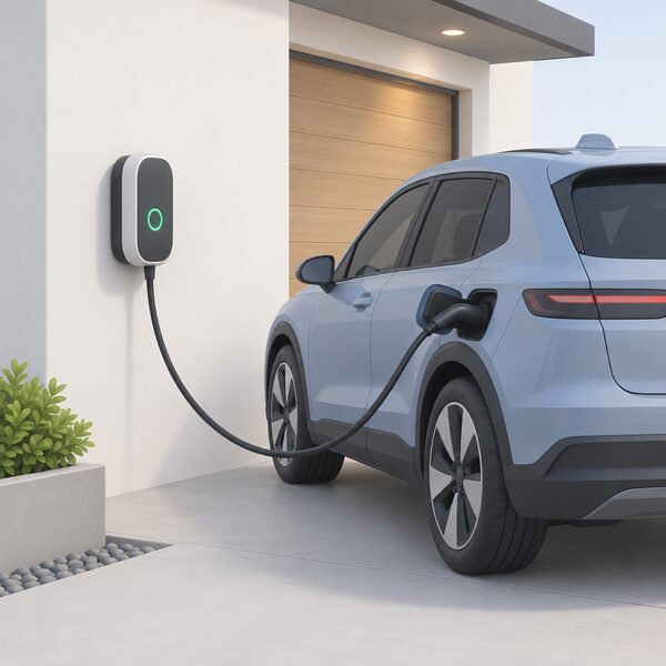 A wall-mounted home EV charger with its status light glowing green, a charging cable running from the charger to a parked electric car beside it, showing the car is charging.