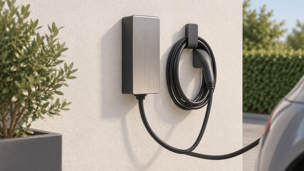 A close-up of a single wall-mounted home EV charger unit on an outside wall, its wood or metal lid visible, with a tethered charging cable coiled on a hook beside it and a cable running toward a parked car just out of frame.