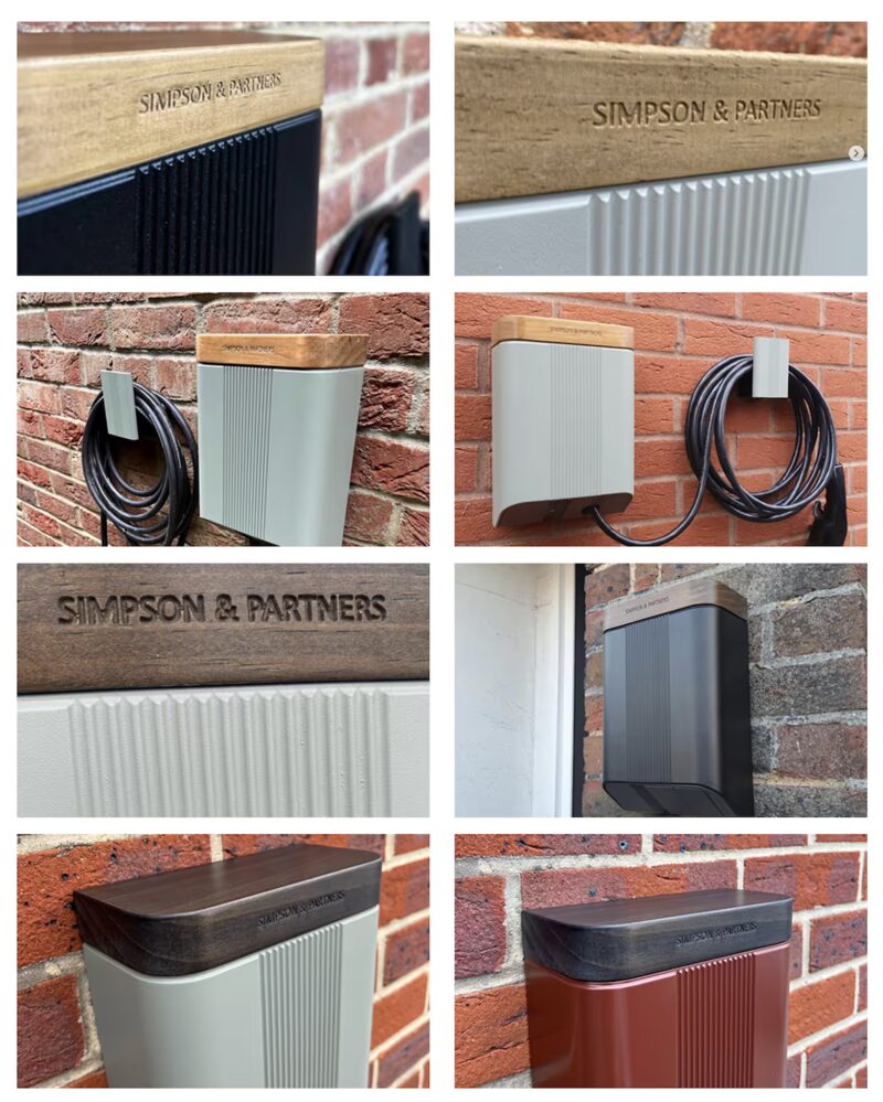 A collage of photos showing Simpson &amp; Partners EV chargers with wooden tops mounted on brick walls