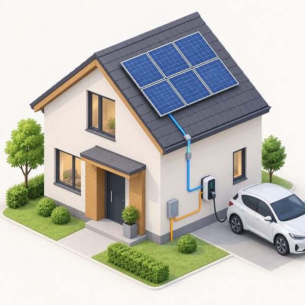 An isometric house exterior with rooftop solar panels and an EV wall charger mounted on the outside wall beside them, with a simplified cable run connecting the charger to the solar generation and to the home's supply.