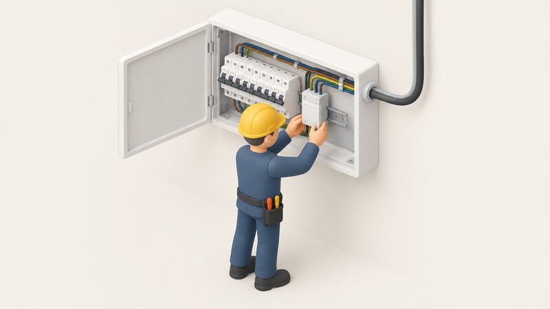A small isometric figure of an electrician working inside an open domestic consumer unit, fitting a compact Smappee energy monitoring unit on the din rail beside the breakers, with a cable from the EV Wall charger supply terminating in the same enclosure.