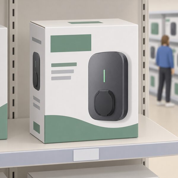 A boxed domestic electric vehicle charge point sitting on a shop shelf for sale, shown as a sealed retail package with a plain label, representing the private charge points covered by the regulations when sold in Great Britain.