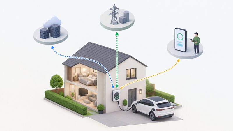 A simplified diagram of a domestic smart electric vehicle charge point on a house wall, shown exchanging signals with a remote charge point operator's network, an energy supplier and the owner's smartphone app, with plain connection lines indicating two-way communication between all parties.
