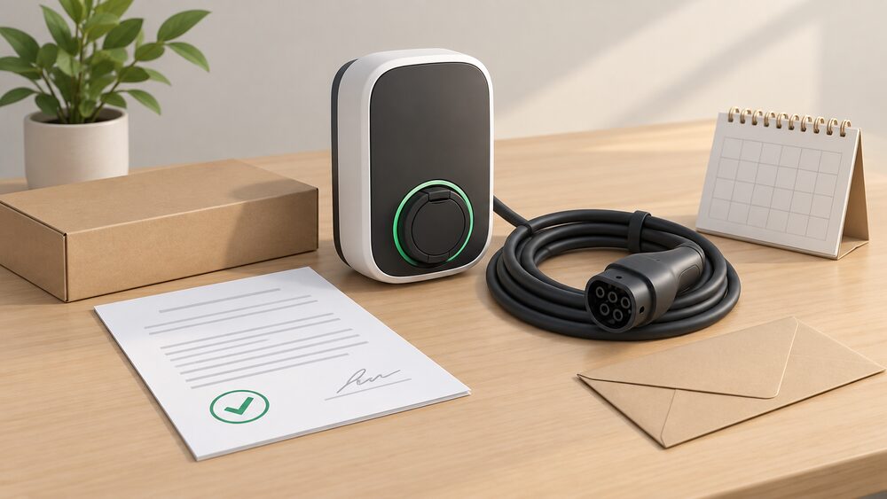A small domestic electric-vehicle charge point unit with its charging cable coiled beside it sits on a table next to a signed statement of compliance on blank paperwork, a sealed envelope and a desk calendar, arranged as the moment a new smart charge point is sold with its documents.