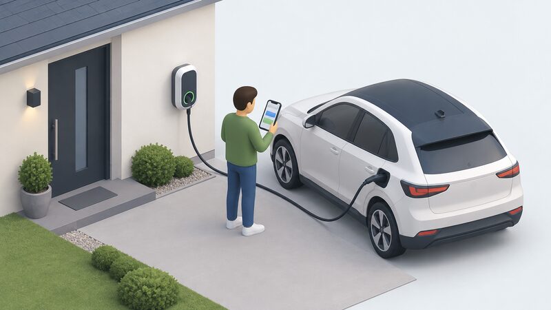 A small isometric figure stands beside a wall-mounted home EV charge point on a house exterior wall, holding a phone whose screen shows a plain schedule of colour-banded off-peak charging hours, with a cable running to a parked electric car.