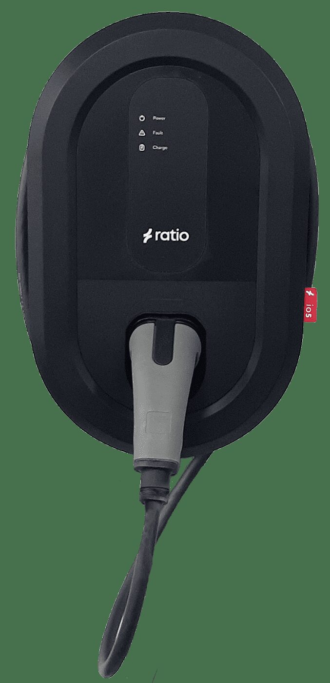 A black Ratio io5 wall-mounted EV chargepoint with tethered cable and status indicators