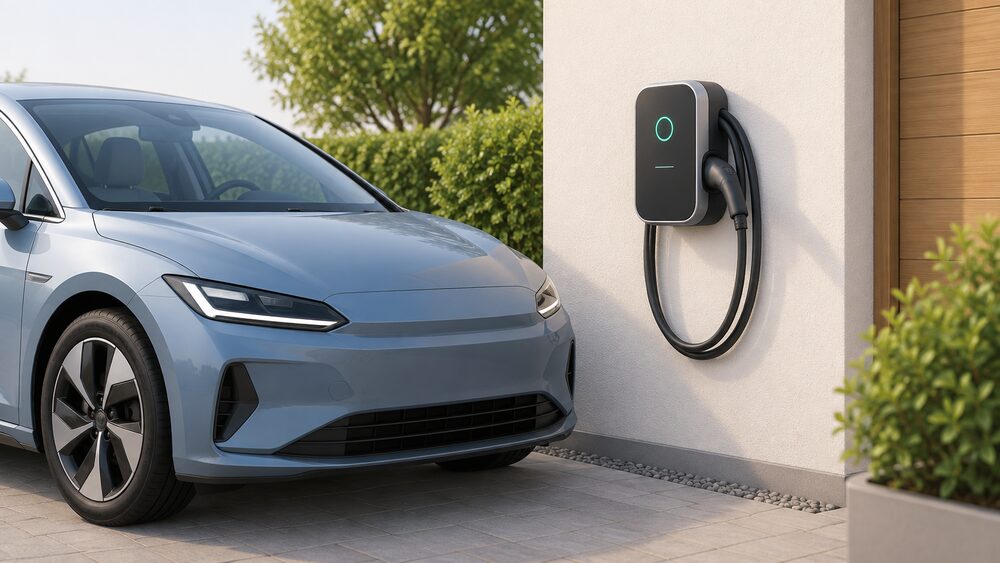 A tethered smart EV wallbox charge point mounted on a house's external wall beside the driveway, its charging cable and connector holstered on the unit, with the front of an electric car parked alongside ready to receive the plug.