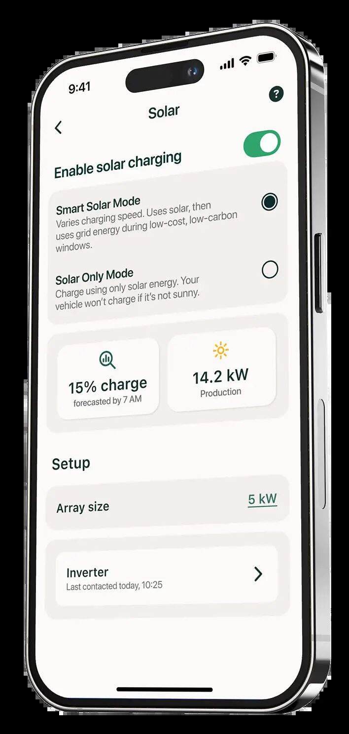 A floating iPhone displaying the waEV-charge app's solar charging settings screen with solar mode options and production stats