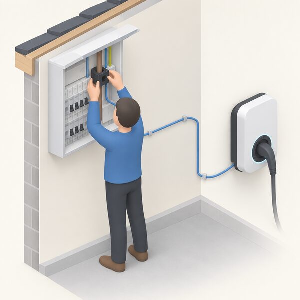 A small isometric figure fits a current transformer clamp around the incoming supply conductor at a domestic consumer unit, with a thin signal cable running from the clamp toward the EV charger, showing how the charger receives its solar generation signal.