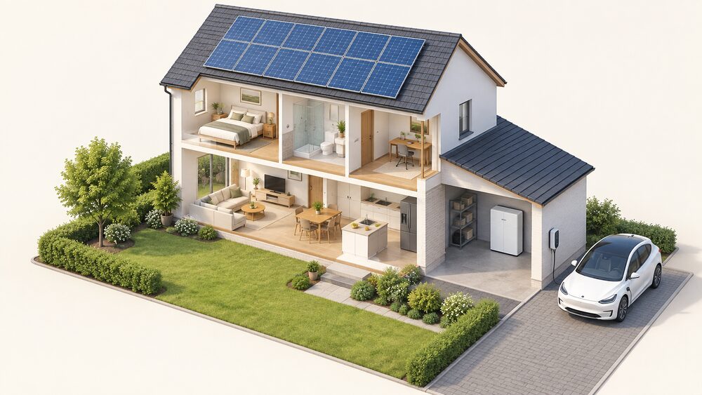 A cutaway house on a bright day with solar panels on the roof, a wall-mounted EV charger on the outside wall beside the drive with a cable running to a parked electric car, and a home battery unit in the garage.
