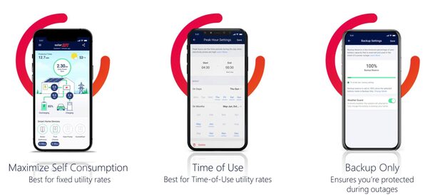 Three smartphones displaying the SolarEdge energy app's battery modes: Maximize Self Consumption, Time of Use, and Backup Only