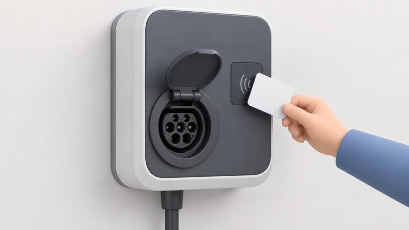 A close-up view of the front panel of a wall-mounted home EV charger showing its circular Type 2 socket with a hinged protective flap beside a small RFID reader panel, with a hand holding a plain RFID card raised towards the reader.