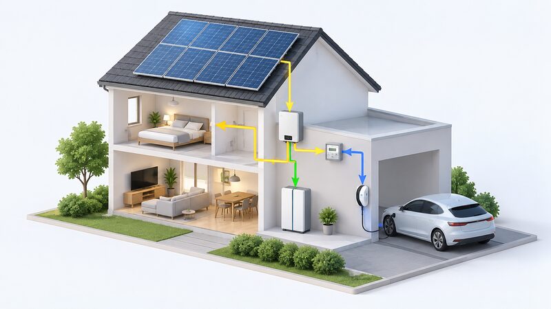A simplified house diagram with rooftop solar panels connected to an inverter, a home battery and an EV charger on a wall beside a parked car, with plain arrows showing power flowing to the house and battery first and surplus solar flowing onward to the car.