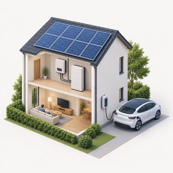 A cutaway view of a house with solar panels on the roof, an inverter and a battery storage unit inside, and a smart EV charger on the outside wall with a cable running to a parked electric car.