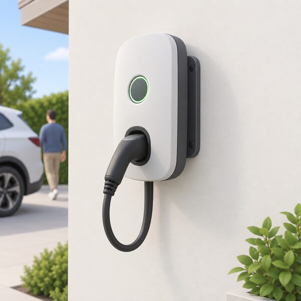 A wall-mounted home EV charger unit shown attached to its wall mount bracket, drawn as a single complete assembly on a plain interior or exterior wall, with no cables disconnected and no other energy equipment present, so the covered component is clearly the charger together with its mount.