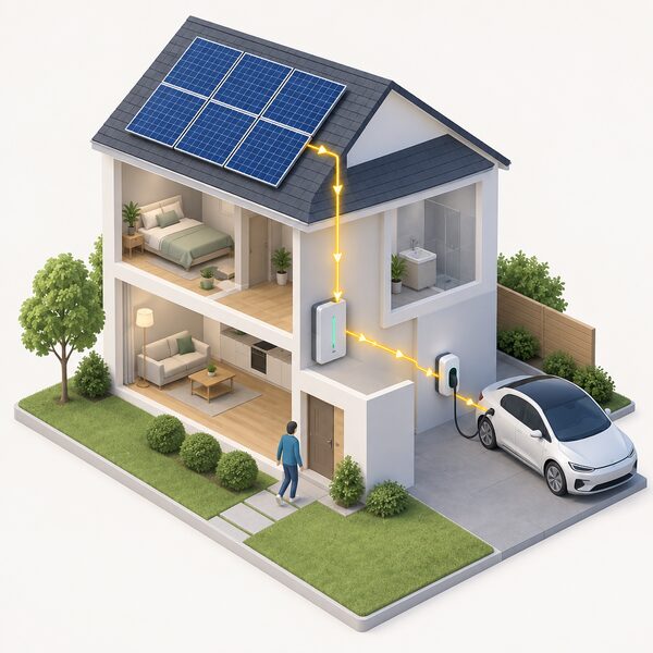 An isometric cutaway of a house with solar panels on the roof, a battery on an inside wall, and an EV charger on the driveway with a cable running to a parked car, showing power flowing from roof to battery to car.