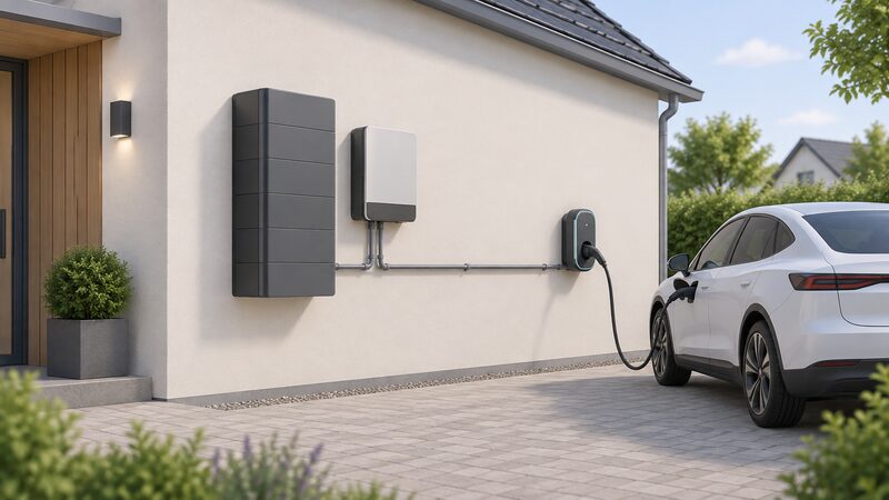 An outdoor wall of a house with a SOLARWATT Battery vision storage tower mounted beside an inverter, and a conduit running from the pair along the wall to a wall-mounted EV charger with a cable reaching a parked car.