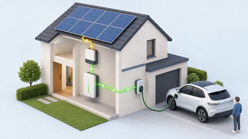 A simplified isometric diagram of a house energy system: rooftop solar panels feeding an inverter and a wall-mounted battery unit, with a cable branch to a wall-mounted EV charge point on an outside wall and a cable to a parked electric car.