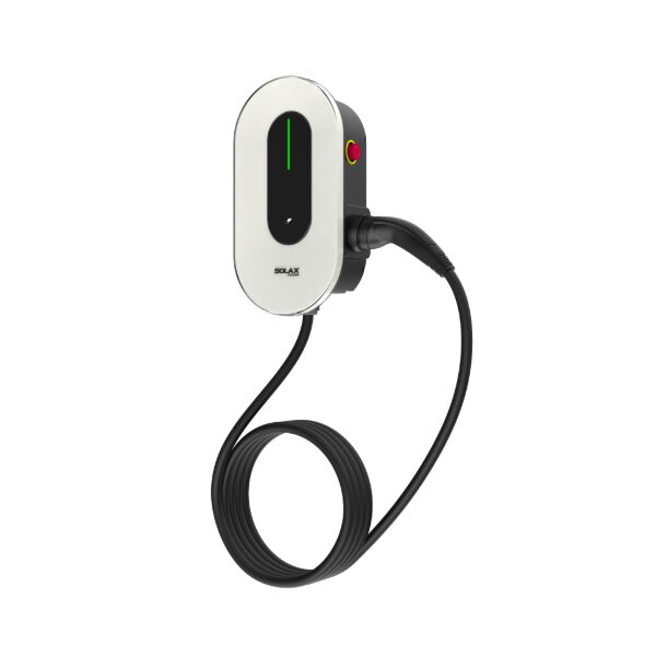 A SolaX tethered AC EV charger wall unit with coiled black charging cable on a white background