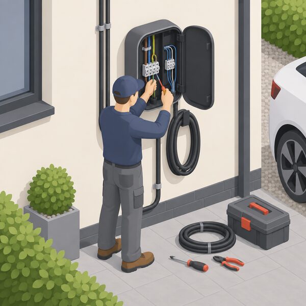 A competent electrician working at a wall-mounted home EV charge point on an outside house wall, its cover open to show terminal blocks with power cables and separate communication wiring routed apart, tools and cable at hand.