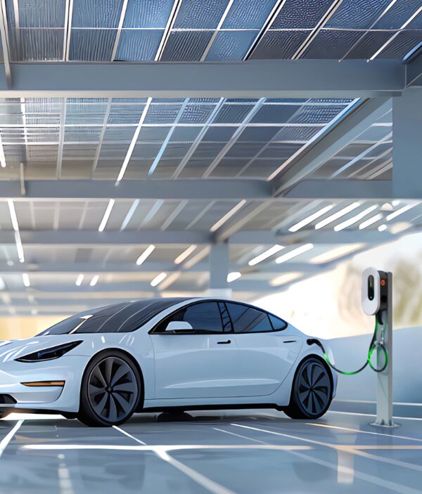 A white electric car charging from a wall-mounted EV charger under a solar-panel carport canopy