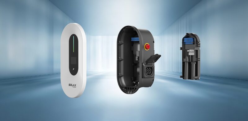 A SolaX EV wall charger shown from three angles including an internal cutaway view