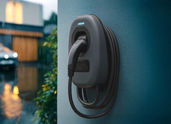 A Sync Energy wall-mounted EV charge point with coiled cable plugged in, on a house wall in the rain