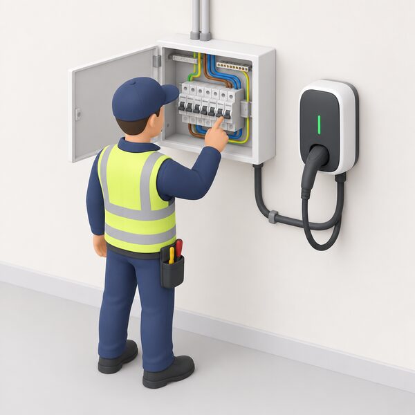 An installer stands at a household consumer unit with the door open, inspecting the circuit breakers and the way the EV charger circuit connects, with a small wall-mounted EV charger visible nearby in the home.