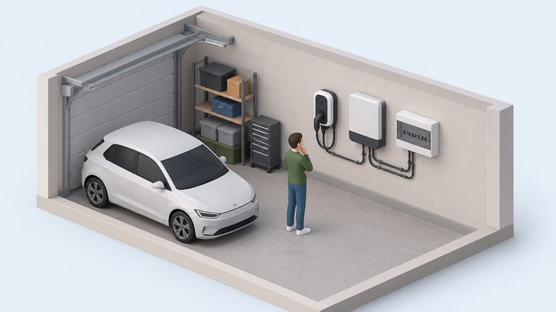 A garage wall with a wall-mounted EV charge point, a solar inverter and a consumer unit mounted side by side, with a simplified isometric figure inspecting the row and simple cable runs linking the three units together.