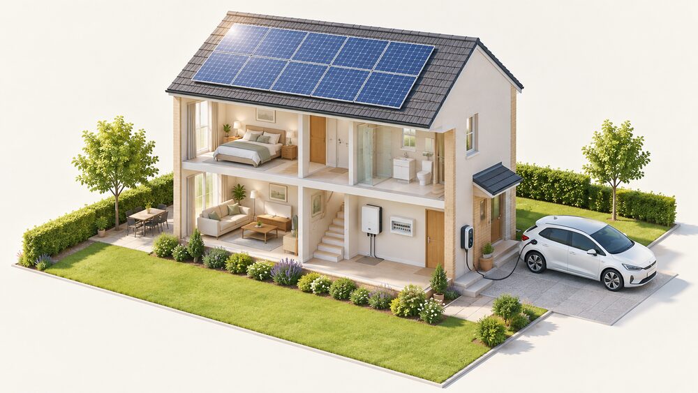 A cutaway house on a sunny day with solar panels on the roof, an inverter and consumer unit on an indoor wall, and an EV charge point on the outside wall beside the driveway with a cable running to a parked car.