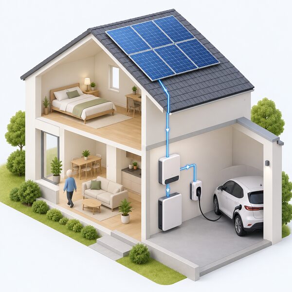 A cutaway house view showing solar panels on the roof, an inverter and battery on an indoor wall, and a wall-mounted EV charger beside them with simple connection lines running from the panels down through the inverter to the battery and charger.