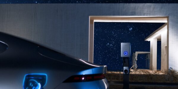 A wall-mounted Sungrow smart EV charger glowing blue at night beside a parked electric car outside a modern house