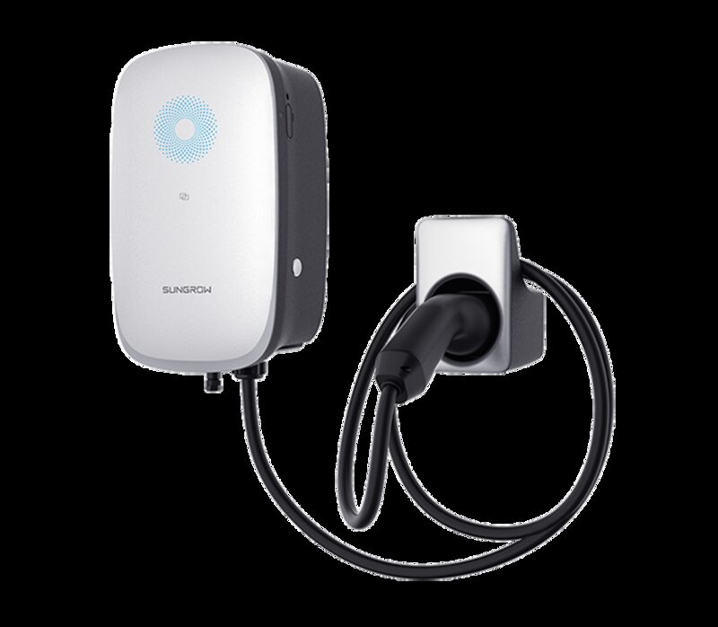 A Sungrow AC22-01 wall-mounted EV charger with coiled charging cable and Type 2 connector on a white background