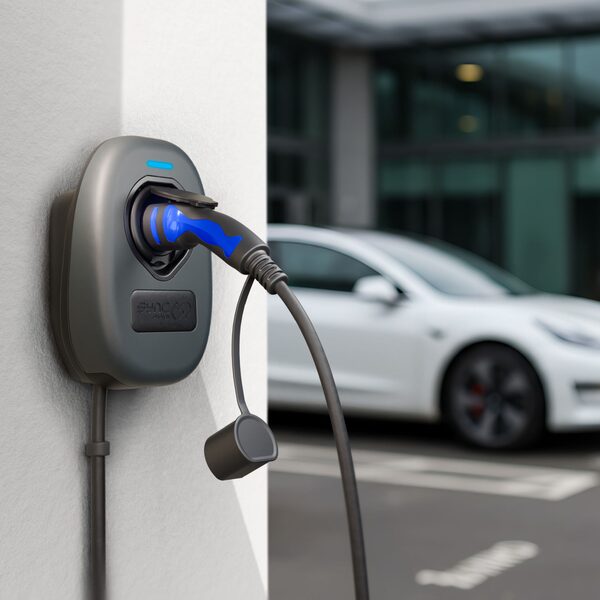 A Sync Energy wall-mounted EV charge point with a Type 2 charging cable plugged in, a white electric car parked in the background