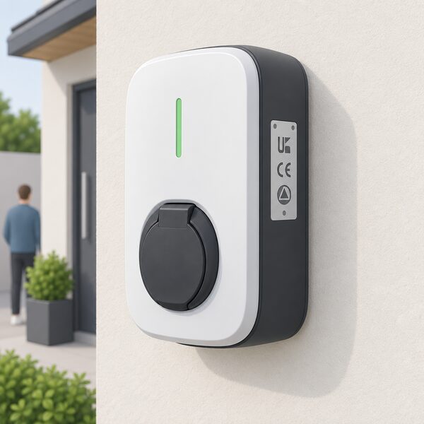 A close-up of a home EV wallbox charger mounted on an outside house wall, with its small certification label shown as a physical plate carrying plain blank mark shapes for UKCA, CE and ASTA approval, with no readable text.
