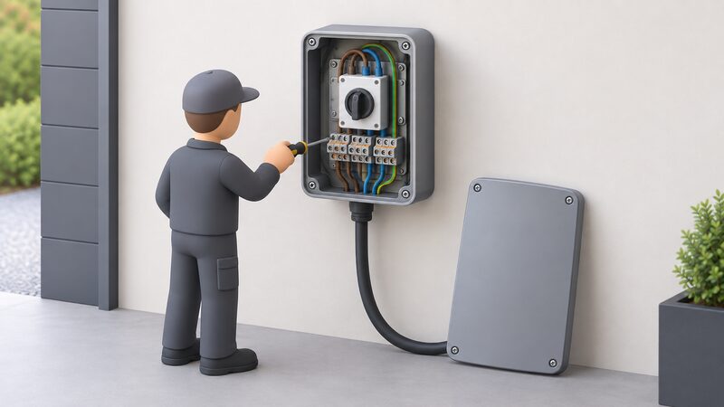 A wall-mounted metal Link EV charger with its hinged front cover removed, revealing a row of combi-type screw terminals and a single switch positioned centrally, with a simplified installer figure standing beside it holding a screwdriver.
