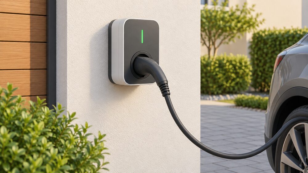 A compact domestic EV wallbox mounted on an outside house wall beside a driveway, shown close up with a Type 2 charging cable plugged into its socket and coiled toward a parked car just out of frame.