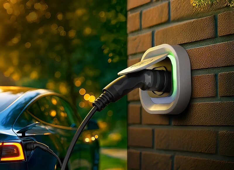A wall-mounted Sync Energy Link EV charger on a brick wall with a charging cable plugged into an electric car