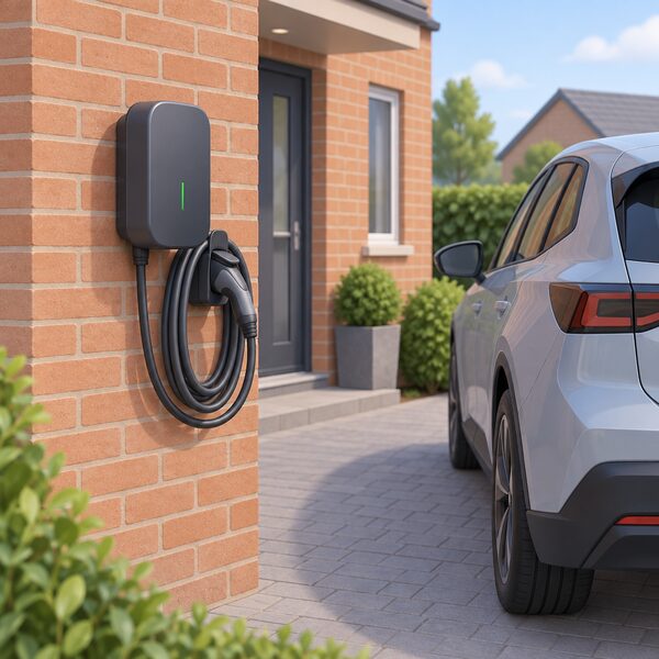 A wall-mounted EV charger fixed to the brick external wall of a house, with its permanently attached tethered cable coiled on a holder and the Type 2 connector resting in its holster, the cable reaching out towards a car parked on the driveway.