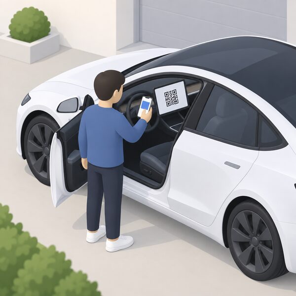 A simplified figure stands beside a parked Tesla car in a home driveway, holding a smartphone up to a QR code displayed on the car's centre touchscreen, setting up a virtual key through the app.