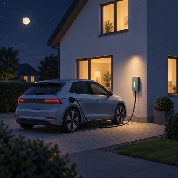 A small 7 kW wallbox mounted on the outside wall of a house at night, with a cable running to a parked electric car beside it, a dark sky and lit house windows indicating an overnight charge.