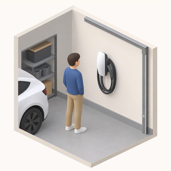 A simplified isometric view of a garage interior wall with a Tesla Wall Connector charge point unit mounted at the correct height, its cable coiled on the holder, with a small plain-clothed figure standing beside it looking at the unit.