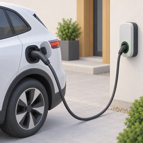 A close-up view of a Type 2 to Type 2 charging cable with its Type 2 plug firmly inserted into the charging socket on the side of an electric car, the cable running away towards a home wall-mounted chargepoint.
