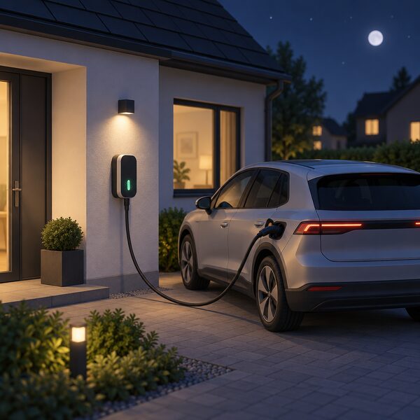 A small wallbox charger mounted on the outside wall of a house at night, with a cable running from it to a plugged-in electric car parked on the driveway beside it.