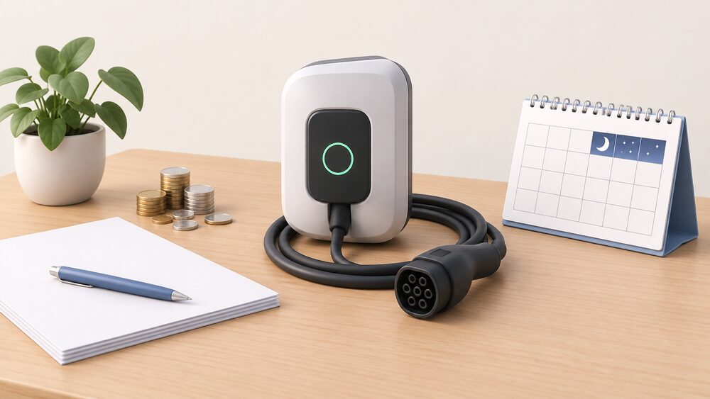 A small model of a wall-mounted home EV charge point with a coiled charging cable sits on a table beside blank paperwork, a loose stack of coins and a calendar, showing the household moment of working out what an overnight home charge costs.