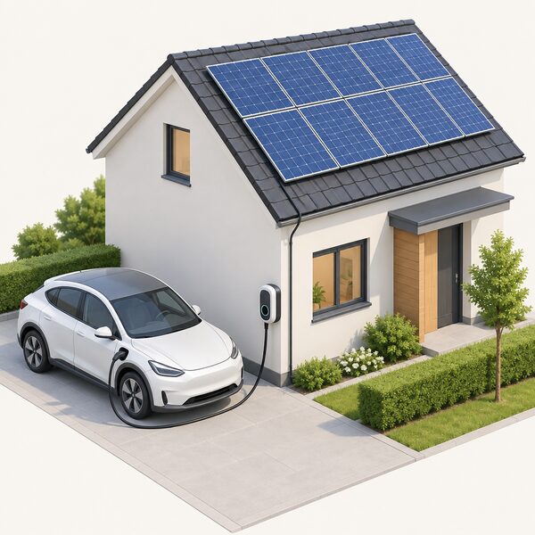 A wall-mounted EV charger fixed to the outside wall of a house, with an electric car plugged in beside it and solar panels covering the roof behind, connected by a cable running down from the roof to the charger.