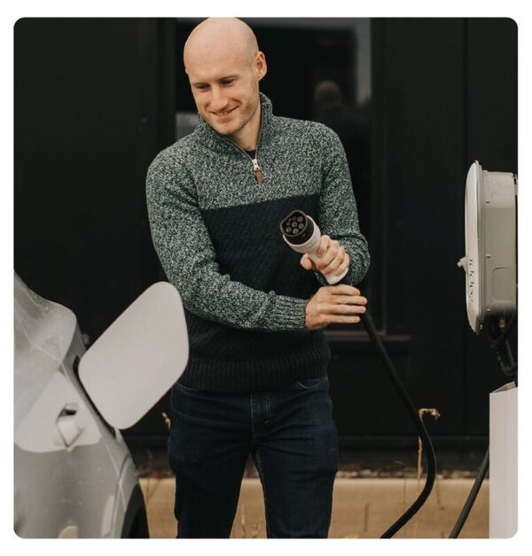A man plugging a charging cable into an electric car next to a wall-mounted zappi EV charger