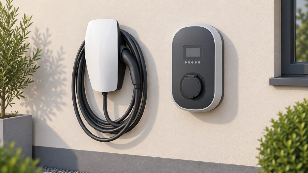 Two wall-mounted home EV chargers side by side on an exterior house wall in daylight: a tethered Tesla Wall Connector with its long coiled cable on an integral holster, and a Zappi with a Type 2 socket, both shown close up with no car or other equipment.