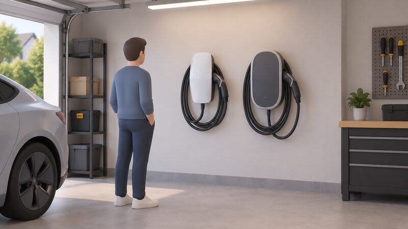 A simplified isometric garage wall with a Tesla Wall Connector and a myenergi Zappi mounted side by side, each with a coiled Type 2 charging cable, shown as plain rounded wall units with no logos or text.